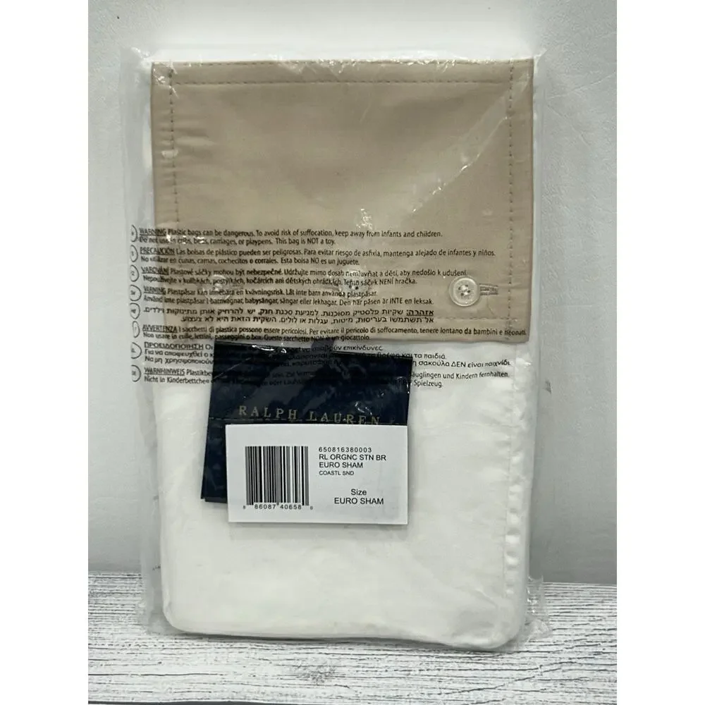 RALPH LAUREN Organic Cotton Sateen Border‎ Euro Sham White/Coastal Sand $185